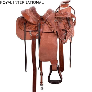 Selle de cheval western artisanale en cuir marron de qualité supérieure, pour ranch, cowboy, équitation sur sentier, équipement équestre, avec étriers durables à motifs floraux sculptés - Product Image 1
