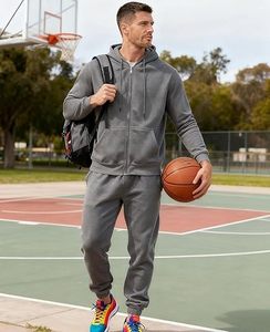Men's Gray Hooded Tracksuit Full Sleeve Solid Color Casual <b>Zipper</b> Front 100% Cotton Breathable Regular Fit Autumn Wear - Product Image 1