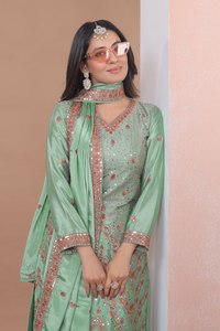 Pista Green Chinon Sharara Suit Sequence Embroidery v Neck <b>Top</b> Elastic Waist Bottom Dupatta Elegant <b>Party</b> Wear Women Quick Dry - Product Image 5