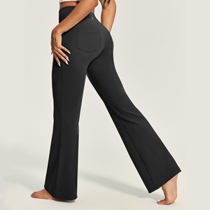 High Waist Flared Leg <b>Yoga</b> <b>Pants</b> With Pockets Full Length Seamless Spandex Nylon Stretch Fitness Trousers - Product Image 3