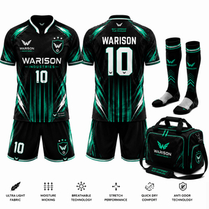 Conjunto de uniforme de fútbol transpirable, camiseta de fútbol sublimada, calcetines cortos y bolsa de transporte con nombre y número personalizados - Product Image 3