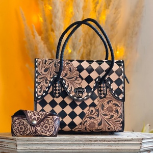 New Hand Tooling Solid Color Genuine Leather Tote Purse Bags with Zipper Closure and Embroidery for Women & Girls Beach Use - Product Image 6