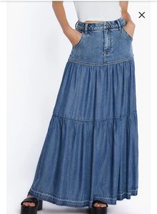 Jupe longue en jean taille haute coupe trapèze pour femme, style décontracté uni délavé avec poches, coupe ample, mode printemps - Product Image 1