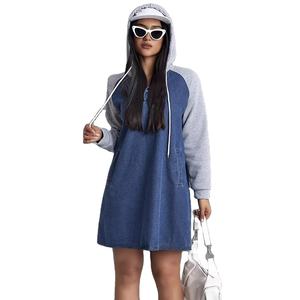 Wholesale Women's Casual Vintage Knee-Length Color-Blocked Letter Plain Dyed Drawstring Hooded Pocket Knit Denim Dress - Product Image 1