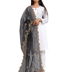 Dupatta en tissu filet noir de créateur, best-seller, magnifique, avec broderie fantaisie, pour mariage, décontracté, traditionnel, pour femmes et jeunes filles - Product Image 1