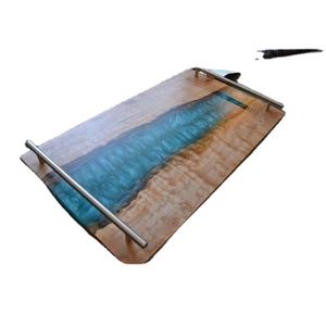 Hot Selling <b>Epoxy</b> Blue Resin Wood Serving Tray With <b>Metal</b> Handle Handmade Product Decorative Item Wooden Tray Kitchenware - Product Image 3