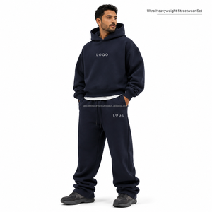 Conjunto de Sudadera y Pantalón Oversize Liso Sin Logo de Forro Polar de Algodón y Poliéster con Capucha con Cordón y Puños Elásticos al por Mayor OEM - Product Image 1