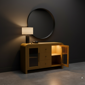 ตู้ไซด์บอร์ด ตู้บุฟเฟ่ต์ห้องนั่งเล่น ตู้คอนโซลพร้อมลิ้นชักกลางสามช่องและกระจกด้านข้างสองด้าน ดีไซน์ทันสมัย สีสันโดดเด่น - Product Image 3