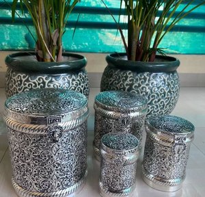 Three Sleek Shiny Brass Copper Steel Storage Jars clear Thematic Prints Flip Top Lid Classic Design for Sugar Tea Coffee - Product Image 5