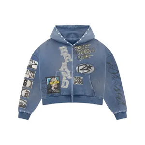 Pink Brand Members Only <b>Studded</b> Cropped Zip Hoodie | Oversized Graphic Streetwear Jacket | Heavy Print Custom OEM Apparel - Product Image 3