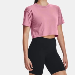 Women Pink Cropped T-Shirt Crew Neck Short Sleeve Solid Color Cotton Custom Logo Casual Jersey Fit Spring Summer Regular Fit - Product Image 1
