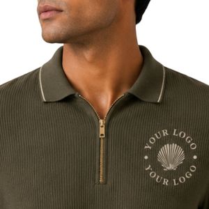Polo Verde Oliva para Hombre con Cierre, Logotipo Personalizado Bordado, Manga Corta, Textura Acanalada, Mezcla de Algodón, Camisa de Golf Casual de Lujo OEM - Product Image 5