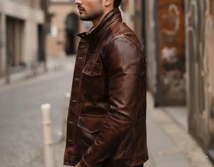 <b>Mens</b> Distressed <b>Brown</b> Genuine <b>Leather</b> Trucker <b>Jacket</b> Vintage Slim Fit Biker Coat - Product Image 3