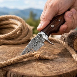 Couteau de camping et de dépecage artisanal à lame fixe Damas de 6 pouces, pointe tombante, avec manche en bois de rose et étui en cuir (OEM disponible) - Product Image 6