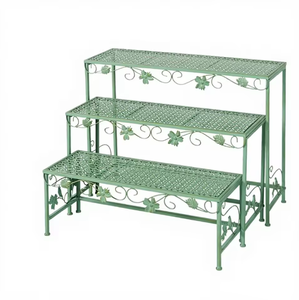 Mint Green 3 Tier Metal Plant <b>Stand</b> with Leaf Scroll Design Outdoor Garden Flower <b>Pot</b> Display Rack Patio Shelf - Product Image 1