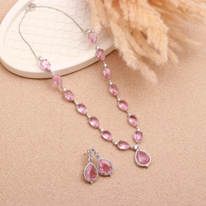 Conjunto de collar clásico con gota de morganita, chapado en oro blanco de 18 quilates, latón con gema rosa, joyería nupcial, regalo para ella - Product Image 3