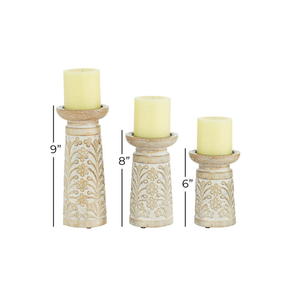 Juego de 3 Portavelas de Madera Maciza Blanqueada, Estilo Clásico Moderno y Ecológico, con Diseño Floral Tallado en Relieve, Rectangulares - Product Image 6