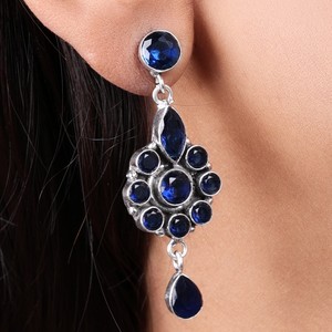 Oxidized Silver Brass Blue Stone Drop Earrings Women | Handmade Indian Vintage Wedding Jewelry | Wholesale Bulk Supplier Fashion - Product Image 2