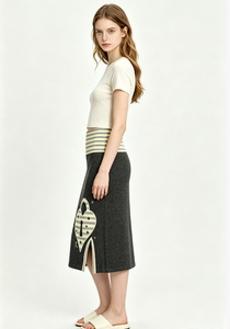 Women's High Waist Knitted Midi <b>Skirt</b> <b>Black</b> With Striped Waistband And Heart Keyhole Slit - Product Image 6