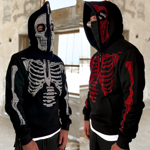Solid Winter <b>Skeleton</b> Rhinestone <b>Full</b> Face Zip Hoodie with Eyes Holes in Cotton Fleece Customized Logo Breathable Street Wear - Product Image 5