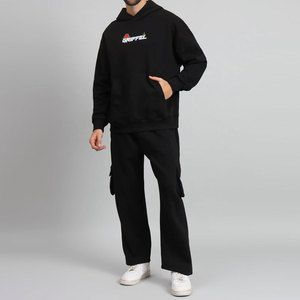 Men's Black Hooded Tracksuit Solid Color Casual Full Sleeve Cotton Sweatshirt and Cargo <b>Pants</b> Set with Front Logo Print - Product Image 5
