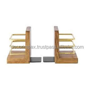 Juego de sujetalibros decorativo de madera de acacia de lujo hecho a mano MyGift con almacenamiento de ranura de soporte de alambre de Metal en tono latón - Product Image 1