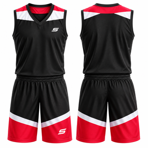 Ensemble de maillot de basket-ball bicolore noir, rouge et blanc, sans manches, col en V, tissu respirant, vêtements de sport pour adultes, unisexe - Product Image 2