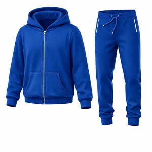 <b>Men</b> Solid Hooded Blue Sweatshirt <b>Jogger</b> Tracksuit Set <b>Gym</b> Workout Sportswear Polyester Cotton Fleece Custom Logo Training - Product Image 1