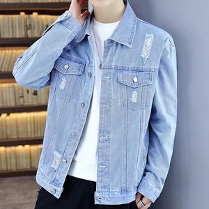 Men's Light Blue Denim Jacket Casual Button Front Distressed Ripped Solid Color Regular Fit Spring Washable 100% Cotton - Product Image 4