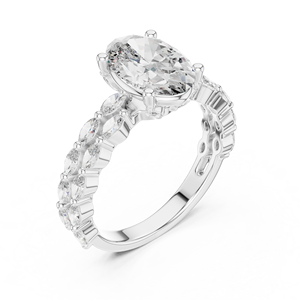 Bague de fiançailles de luxe en or 14 carats et argent sterling avec moissanite ovale et grappe de pierres marquise sur les côtés |   Bague de mariée de créateur pour femmes - Product Image 4
