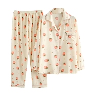 Conjunto de pijamas de algodón estampado para mujer, ropa de dormir informal suave de manga larga con cuello vuelto y largo completo, temporada de primavera