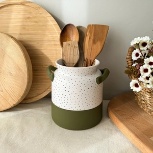 Pot de rangement pour ustensiles en céramique bicolore, finition mouchetée, avec poignée latérale, haute résistance, pour comptoir de cuisine - Product Image 6