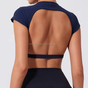 Crew Neck Crop Top Short Sleeve Solid <b>Colour</b> Spandex Polyester Yoga Wear for Women Breathable Four-Way Stretch - Product Image 3