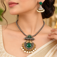 Ensemble collier et boucles d'oreilles en laiton avec pendentif en cristal de strass argenté oxydé bicolore |   Cadeau de mariage ethnique indien bohème pour femmes