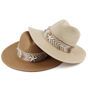 Chapeau de soleil Panama en paille à large bord pour femme, style étoile de mer et coquillage, avec bande de ruban et corde, idéal pour la plage et les voyages - Product Image 1
