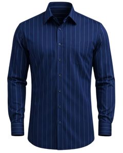 Camisa de Vestir para Hombre, Azul Marino a Rayas, Corte Entallado, Manga Larga, Cierre de Botones, Formal, Casual, para Oficina, Mezcla de Algodón, OEM, ODM, Logotipo Personalizado - Product Image 1