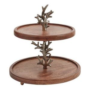 Support à gâteau en bois fait main à deux niveaux avec base en tiges et feuilles florales argentées - Product Image 3