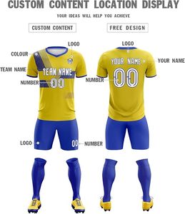 Conjunto de Uniforme de Fútbol Personalizado por Sublimación, Camiseta Amarilla y Azul con Cuello en V, Manga Corta, para Hombre, Resistente al Agua y Ecológico - Product Image 4