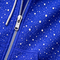 Sudadera con capucha unisex azul real con pedrería, forro polar personalizado, estilo casual urbano, estampado digital de invierno con bolsillos