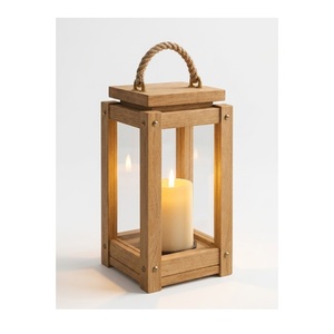 Lanterne en bois naturel artisanale avec poignée en corde de jute, style farmhouse, écologique, porte-bougie décoratif de Noël pour l'intérieur - Product Image 1