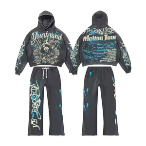 Survêtement décontracté évasé personnalisé pour homme, style streetwear, couleur unie, écologique, léger, avec sweat à capuche et pantalon de jogging à bords bruts - Product Image 4