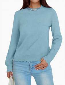 ONETEN Suéter de punto de manga larga con cuello redondo azul claro para mujer, jersey informal de otoño - Product Image 5