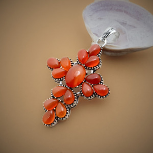 Pendentif croix en ambre plaqué argent – Collier religieux avec pierre précieuse orange – Bijoux de style vintage - Product Image 4
