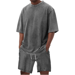Men Bulk Order T Shirt Shorts <b>Set</b> Acid Wash Summer Cotton Casual Streetwear Matching Outfit Loose Fit - Product Image 2
