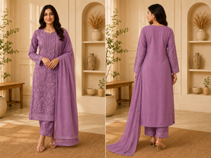 Exclusive Women Lavender <b>Chikankari</b> Hand Embroidered Straight Kurti Ethnic Floral Suit - Product Image 4