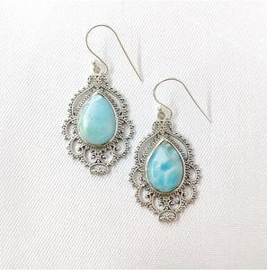 Boucles d'oreilles pendantes en larimar naturel, argent sterling 925, cadre filigrané orné vintage, bijoux en gros - Product Image 3