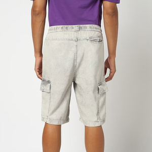 Hip Hop Men Light Gray Eco Friendly Solid <b>Cargo</b> Bermuda <b>Shorts</b> with Elastic Waist and Pockets Vintage Style Woven Cotton Fabric - Product Image 4