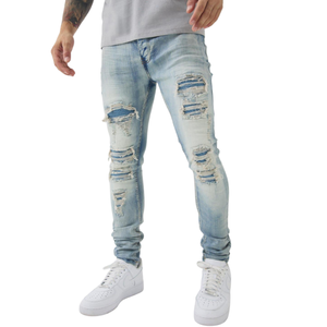 Men's Regular Fit Distressed Ripped Denim Jeans High Waist Cotton Straight Leg Casual Sand Wash Solid Autumn <b>Light</b> Blue - Product Image 1