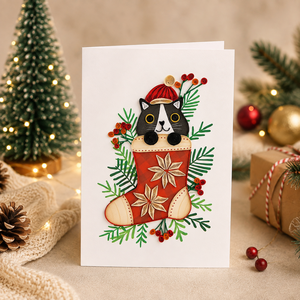 Tarjeta de Felicitación Artesanal de Lujo con Diseño de Gato en Calcetín Navideño, Fabricante de Tarjetas de Felicitación Hechas a Mano al por Mayor, OEM/ODM - Product Image 1
