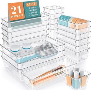 21 Piece Clear Acrylic Drawer Organizer Set Modular Transparent Plastic Storage Bins for <b>Makeup</b> Jewelry Vanity and Office - Product Image 1
